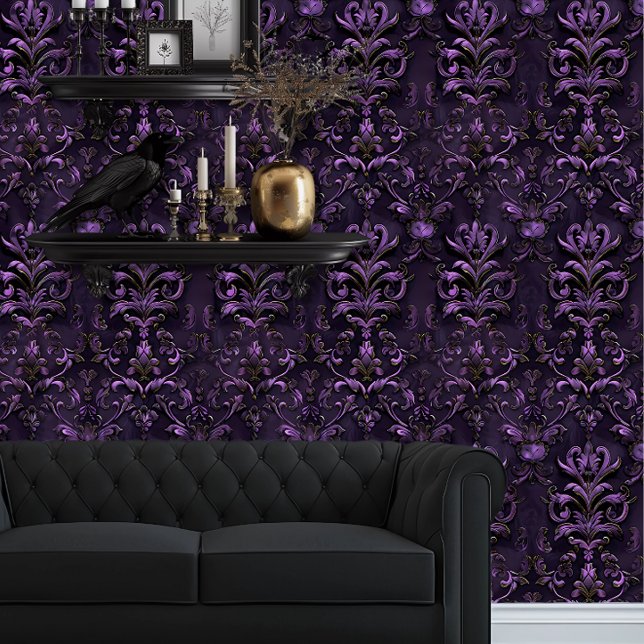 Papel Pintado Whimsigoth Elegant Deep Purple (Whimsigoth Dark Purple & Black Damask wallpaper behind a black couch and black goth floating shelves)