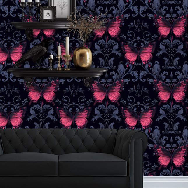 Papel Pintado Whimsigoth Elegant Magenta Butterflies (Whimsigoth Magent Butterflies and Dark Damask wallpaper behind a black couch.)