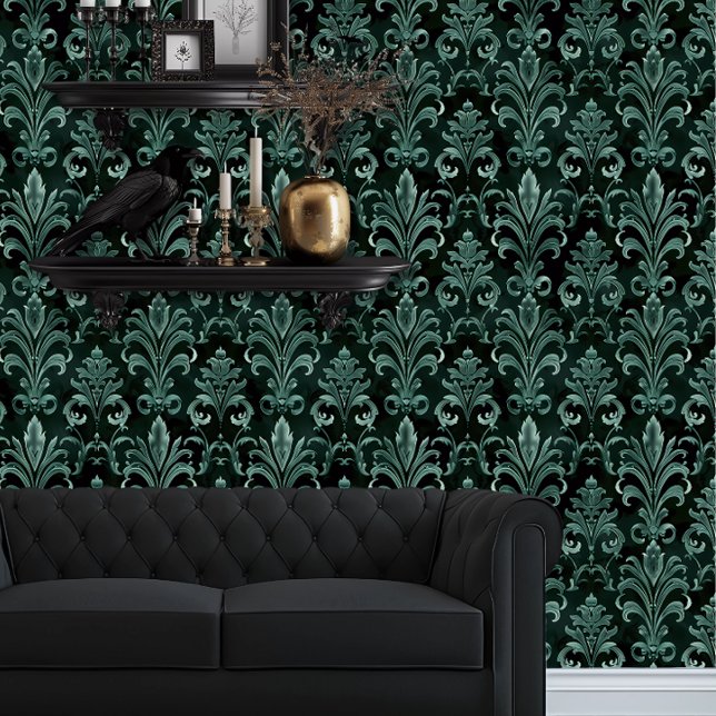 Papel Pintado Whimsigoth Emerald Green Fleur (Whimsigoth Green Damask wallpaper behind a black couch.)