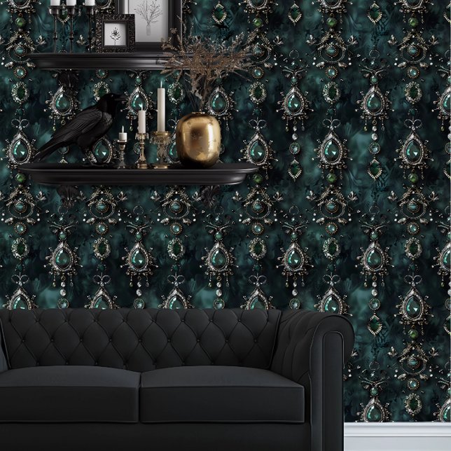 Papel Pintado Whimsigoth Emerald Green Jewels (Whimsigoth Emerald Green Jewels wallpaper behind a black couch.)