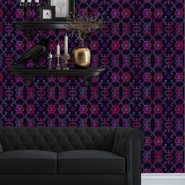 Papel Pintado Whimsigoth Fractured Trellis (Whimsigoth Magenta and Purple Trellis wallpaper behind a black couch.)