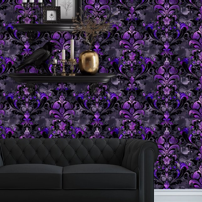 Papel Pintado Whimsigoth Funky Delicate Purple (Whimsigoth Dark Purple and Black Damask wallpaper behind a black couch and goth floating shelves)
