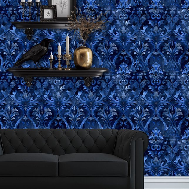 Papel Pintado Whimsigoth Intricate Blue (Whimsigoth Royal Blue Damask wallpaper behind a black couch.)