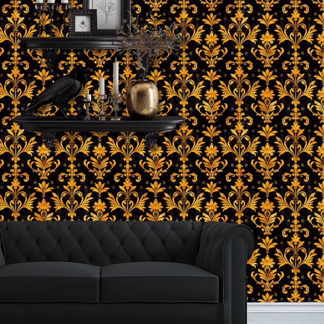 Papel Pintado Whimsigoth Intricate Gold Hearts (Whimsigoth Yellow Damask on Black wallpaper behind a black couch.)