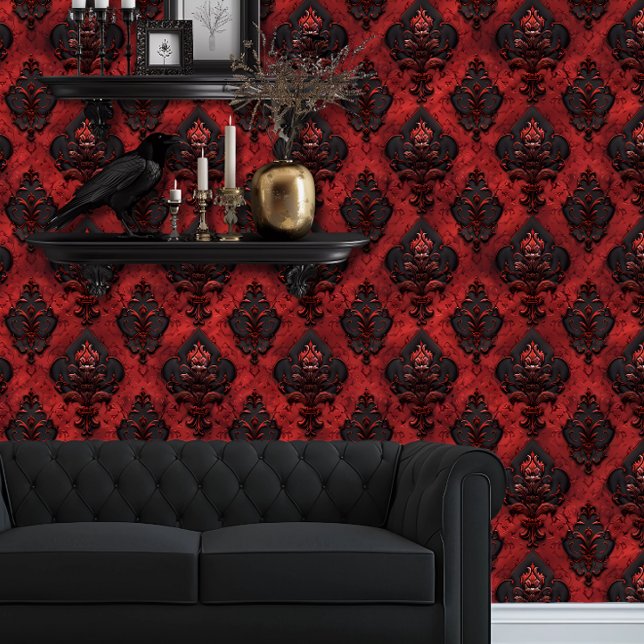 Papel Pintado Whimsigoth Muy Detallado Rojo y Negro (Whimsigoth Dark Red & Black Wallpaper behind a black couch and floating goth shelves.)
