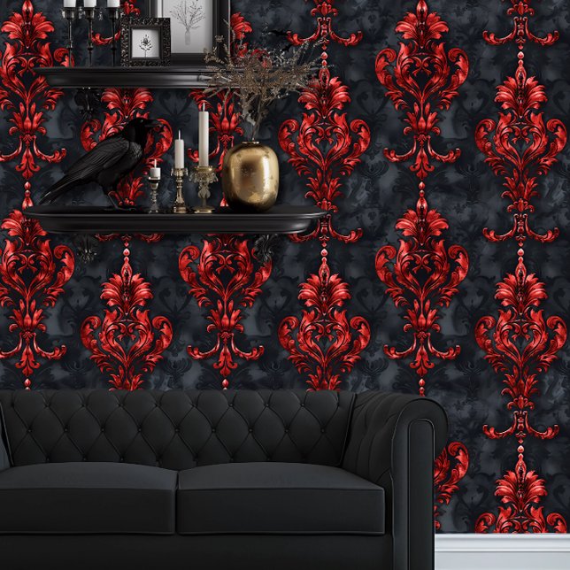 Papel Pintado Whimsigoth Red and Black Elegant (Whimsigoth Black & Red Wallpaper behind a black couch and floating goth shelves.)