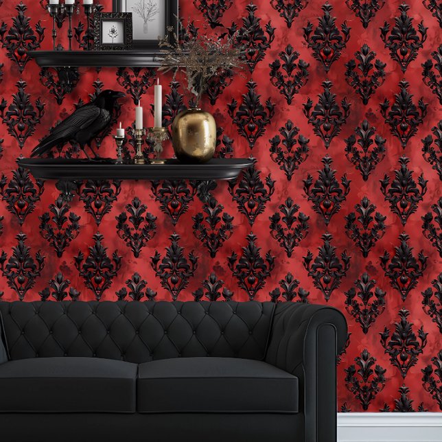 Papel Pintado Whimsigoth Red and Black Vintage Style (Whimsigoth Dark Red & Black Wallpaper behind a black couch and floating goth shelves.)