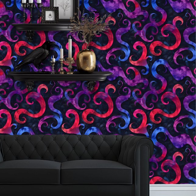Papel Pintado Whimsigoth Red, Cyan y Purple Funky (Whimsigoth Purple, Red, & Cyan Swirls wallpaper behind a black couch.)