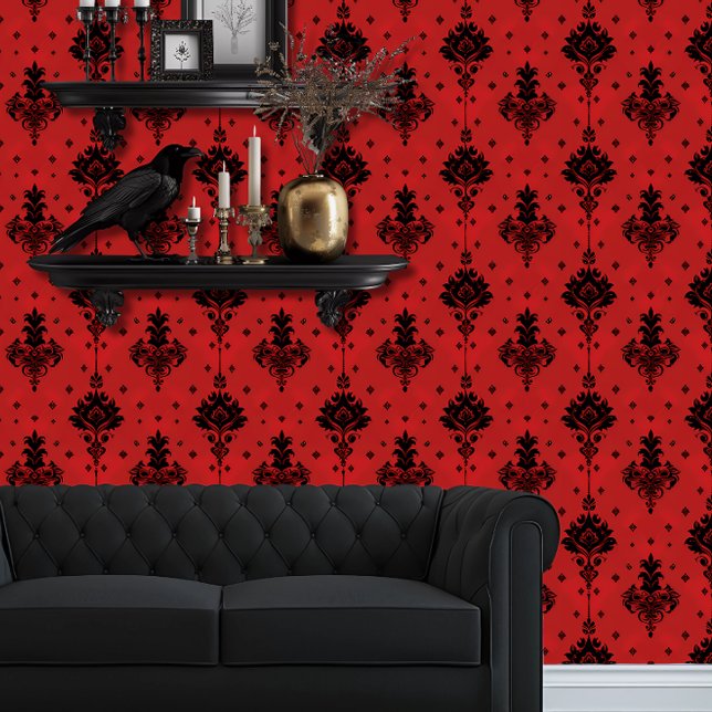 Papel Pintado Whimsigoth Simple Negro y Rojo (Whimsigoth Red & Black Wallpaper Behind a Black Couch)