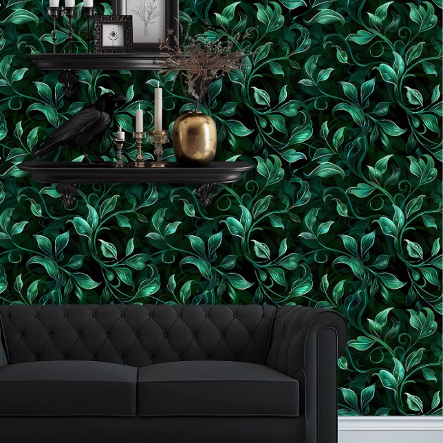 Papel Pintado Whimsigoth Wild Green Vines (Whimsigoth Green Vines wallpaper behind a black couch.)