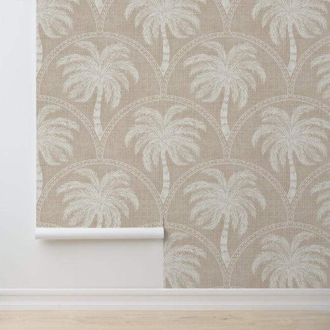 Papel Pintado White Palm Trees on Beige Coastal Tropical Arches (Solicitud)