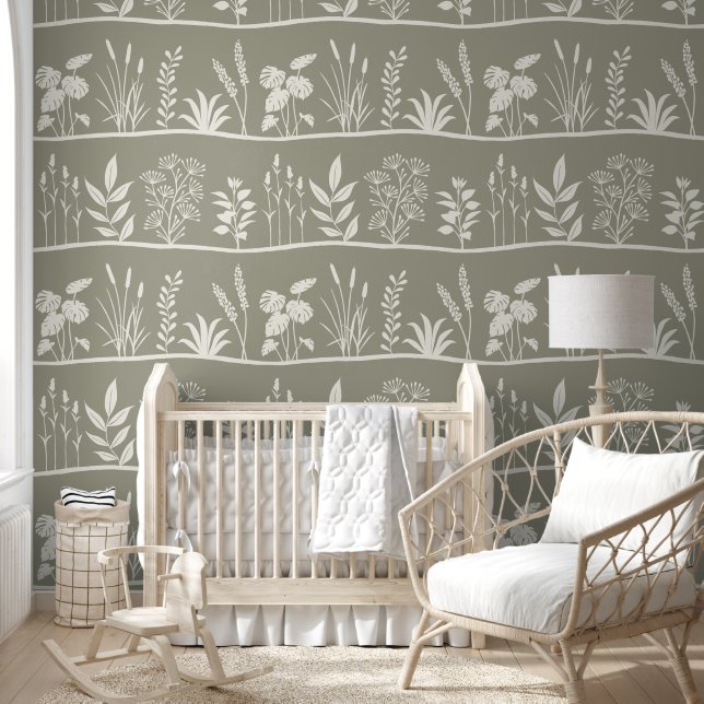 Papel Pintado Wild Meadow Minimalist Botanical Silhouette Sage (Niños)