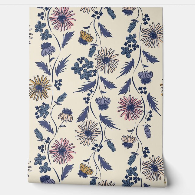 Papel Pintado Wildflower Stripes - Lavender And Denim Blue (Desenrollar)