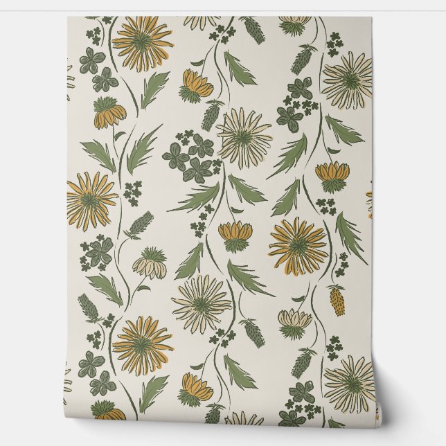Papel Pintado Wildflower Stripes - Mustard Gold And Deep Green (Desenrollar)