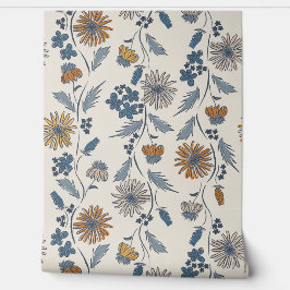 Papel Pintado Wildflower Stripes - Muted Gold And Denim Blue