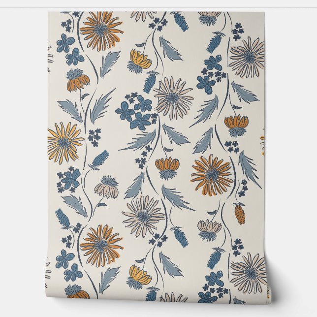 Papel Pintado Wildflower Stripes - Muted Gold And Denim Blue (Desenrollar)