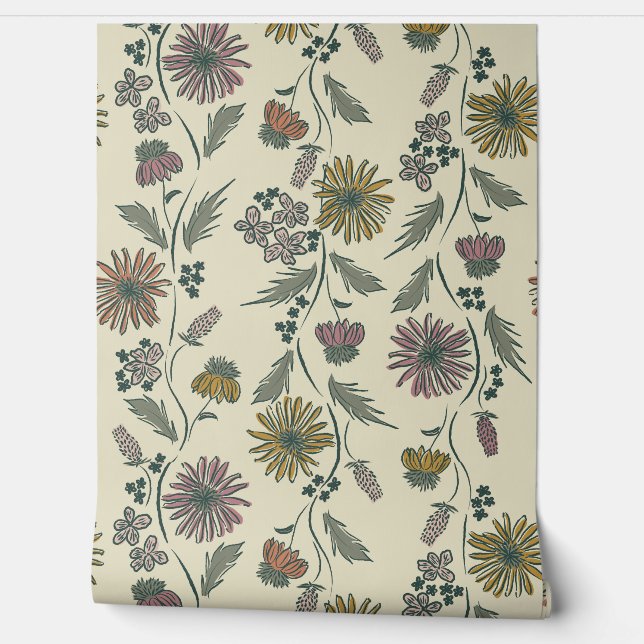 Papel Pintado Wildflower Stripes - Muted Pink And Olive Green (Desenrollar)