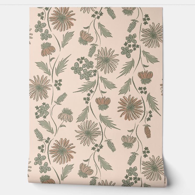 Papel Pintado Wildflower Stripes - Taupe And Sage Green (Desenrollar)