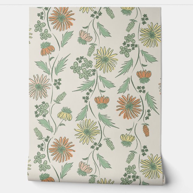 Papel Pintado Wildflower Stripes - Yellow And Mint Green And Cre (Desenrollar)