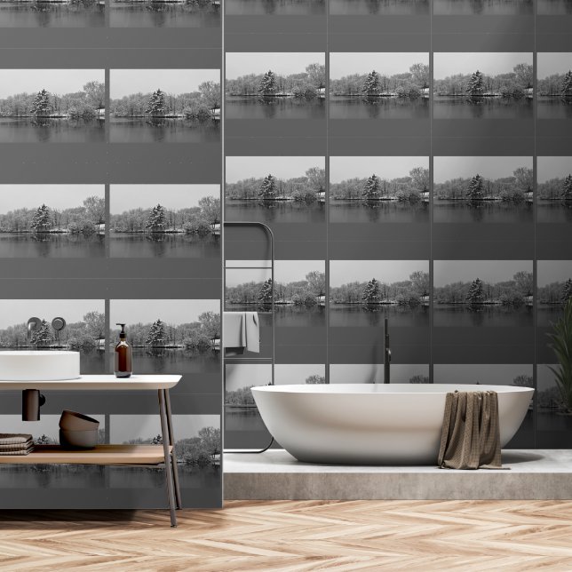 Papel Pintado Winter Wonderland Evergreen Trees Lake Black White (Baño)