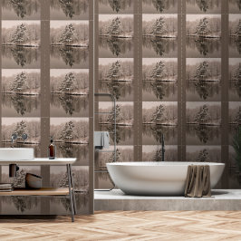 Papel Pintado Winter Wonderland Evergreen Trees Lake Brown Sepia