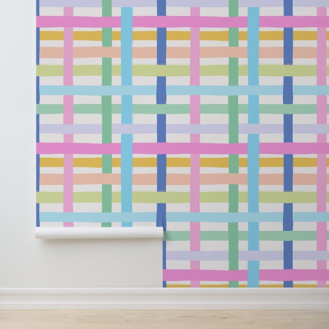 Papel Pintado Wobbly Bright Rainbow Plaid - Maximalist Girly (Solicitud)