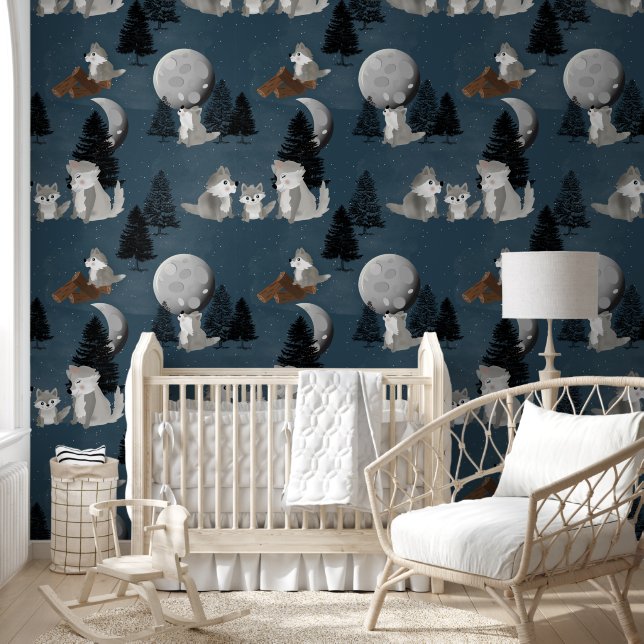 Papel Pintado Wolf Pack Woodland Night Sky Moon Baby Nursery (Niños)