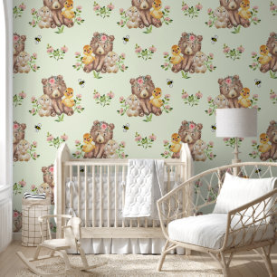 Papel Pintado Woodland Animal Bear Duck Bunny Baby Nursery Green