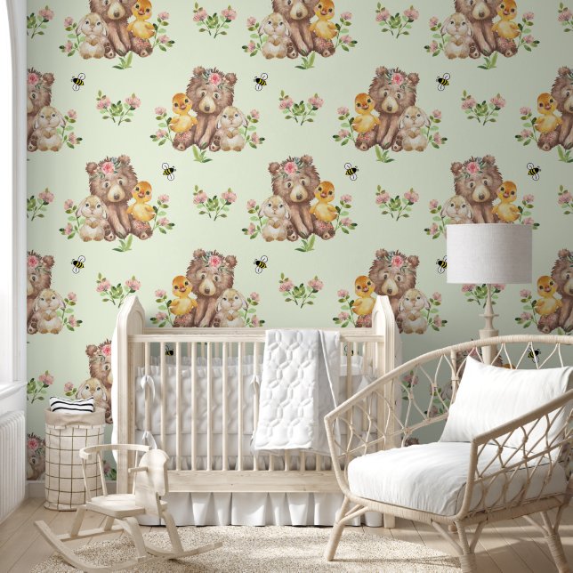 Papel Pintado Woodland Animal Bear Duck Bunny Baby Nursery Green (Niños)