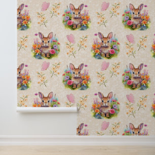 Papel Pintado Woodland Animals Baby Bunny Floral Cream
