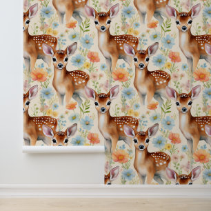 Papel Pintado Woodland Animals Baby Deer Fawn Floral Cream