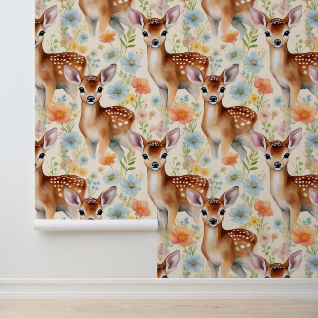 Papel Pintado Woodland Animals Baby Deer Fawn Floral Cream (Solicitud)
