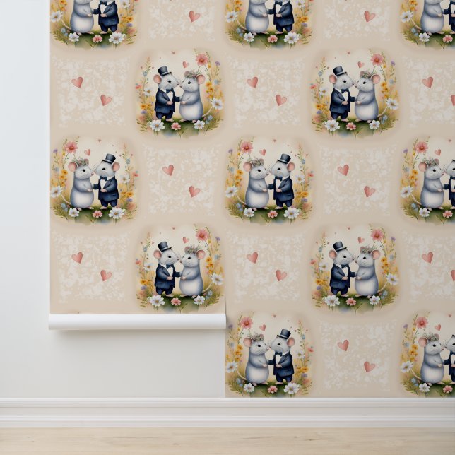Papel Pintado Woodland Animals Boda Love Mice Floral (Solicitud)