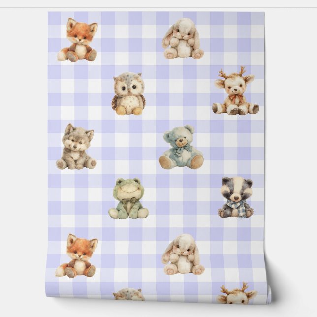 Papel Pintado Woodland Forest Animals Lavender Plaid Baby Girl (Desenrollar)