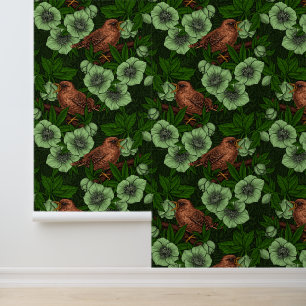 Papel Pintado Wren y hellebore en verde oscuro