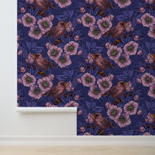 Papel Pintado Wren y hellebore, violeta y rosa