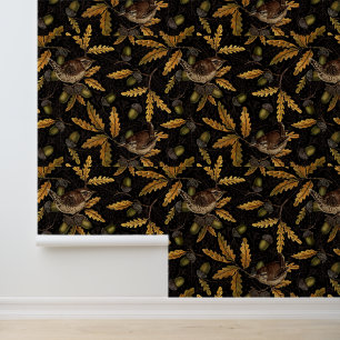 Papel Pintado Wrens y bellotas sobre negro