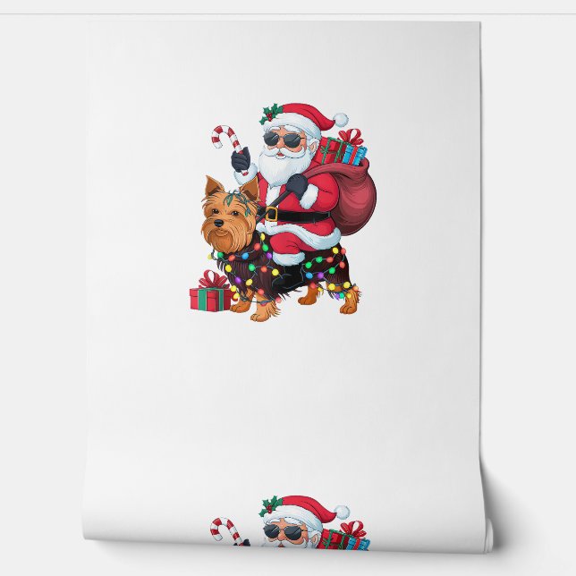 Papel Pintado Xmas Iluminando Santa Riding Yorkshire Terrier Dog (Desenrollar)