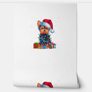 Papel Pintado Yorkie Dog Ugly Xmas ilumina Santa Hat Yorkie Dog 