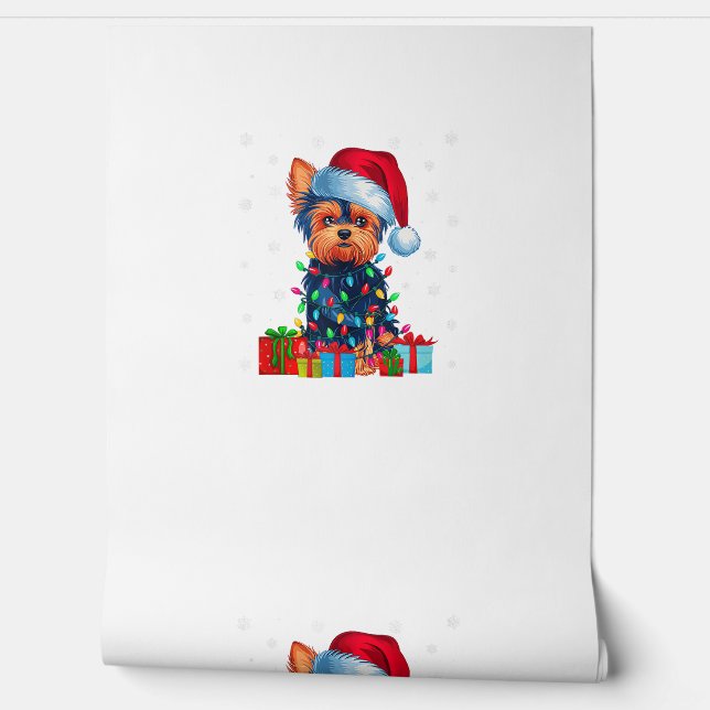 Papel Pintado Yorkie Dog Ugly Xmas ilumina Santa Hat Yorkie Dog  (Desenrollar)
