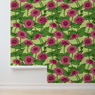 Papel Pintado Zinnia rosadas sobre verde claro