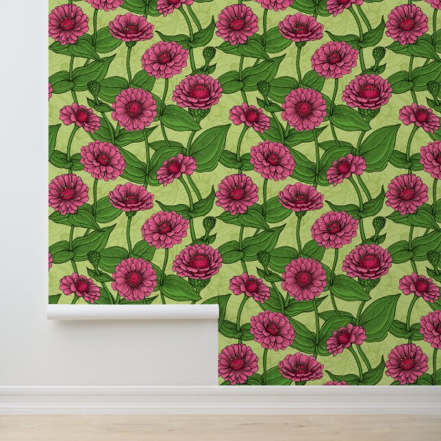 Papel Pintado Zinnia rosadas sobre verde claro (Solicitud)