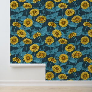 Papel Pintado Zinnias amarillas en azul oscuro