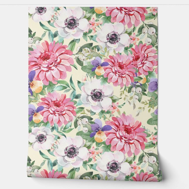 Papel Pintado Zinnias florales rosas pimientos blancos Pansies v (Desenrollar)
