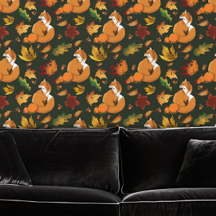 Papel Pintado Zorro Rojo Hojas de Otoño Bellotas Patrón Verde
