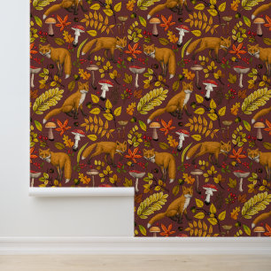 Papel Pintado Zorros de otoño sobre marrón chocolate