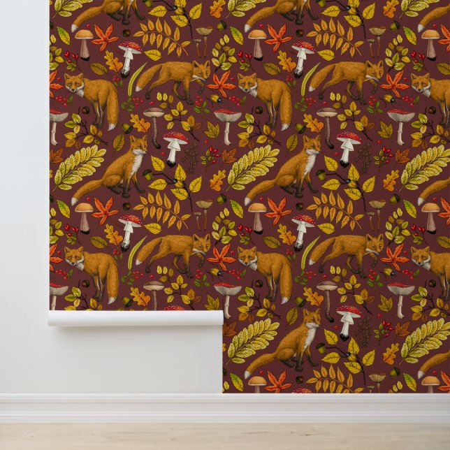 Papel Pintado Zorros de otoño sobre marrón chocolate (Solicitud)