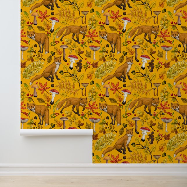 Papel Pintado zorros otoñales sobre el naranja (Solicitud)