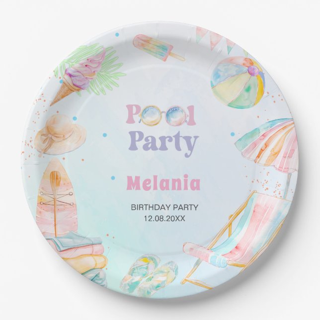 Papel     Piscina de acuarela cumpleaños de verano Plato (Anverso)
