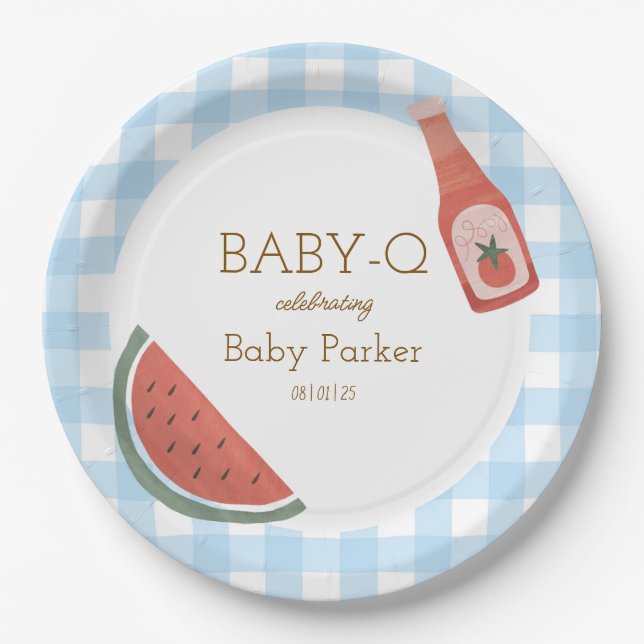 Papel Plato Circular Baby-Q de Gingham Azul (Anverso)